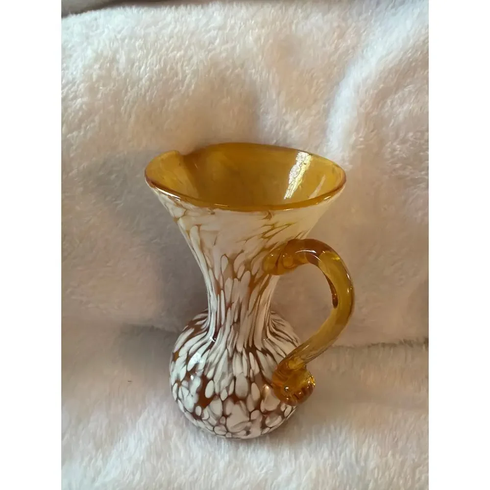 Vintage Amber White Spatter Cased Art Glass Pitcher Vase Applied Handle 5